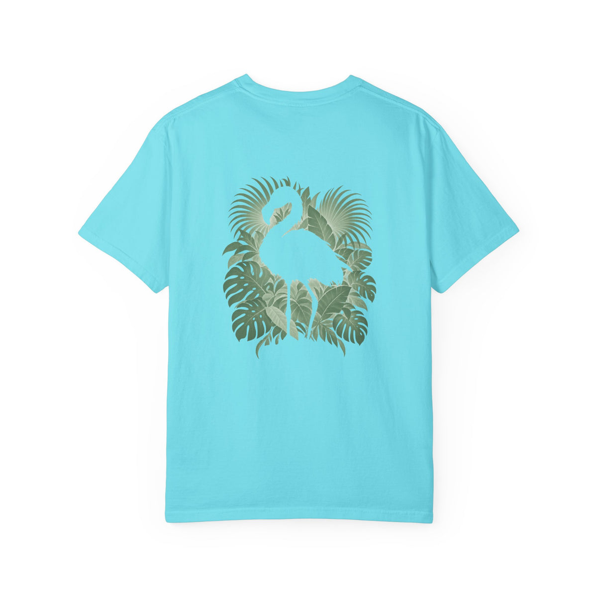 Back of a Lagoon Blue Hidden Flamingo T-shirt with a flamingo silhouette framed by tropical leaves.