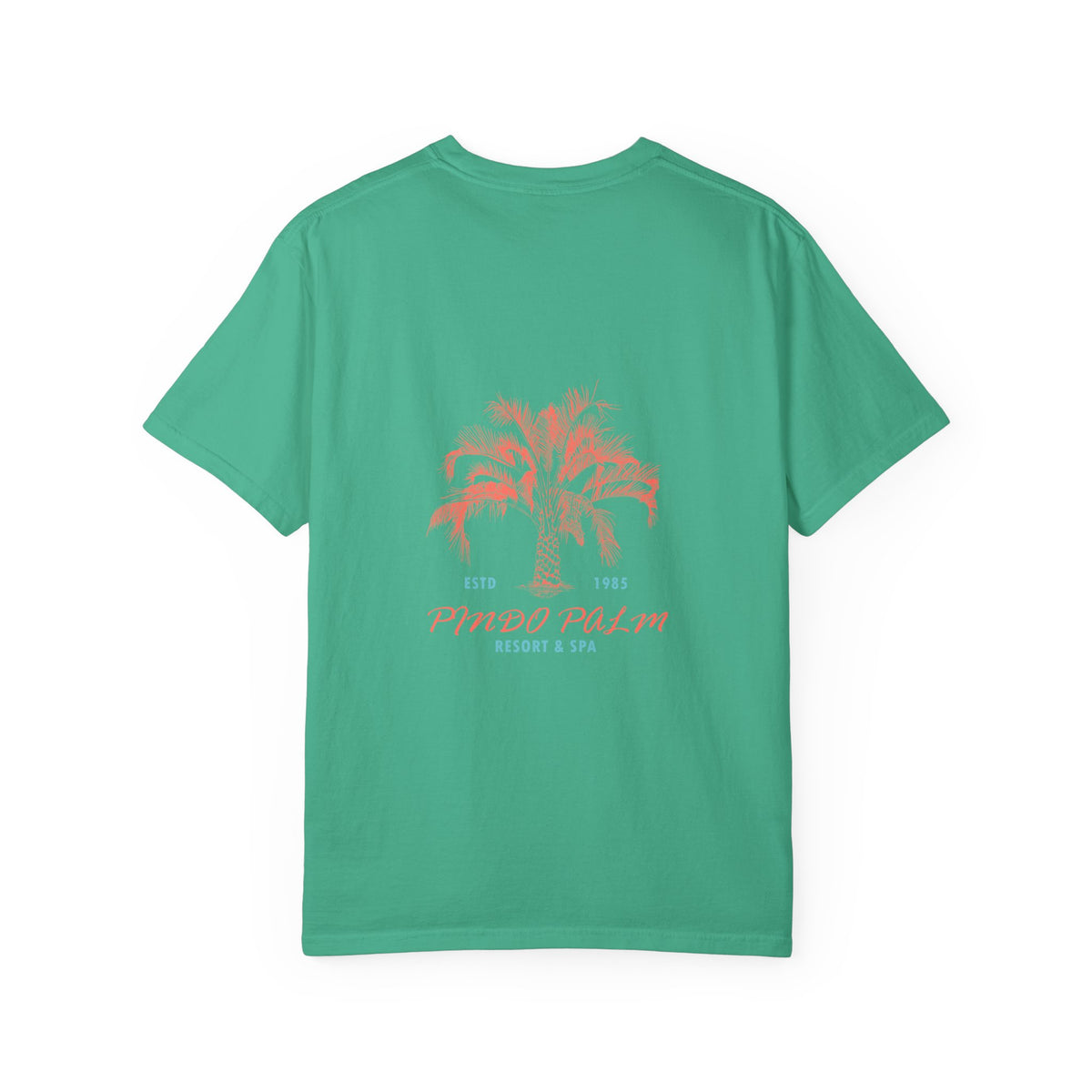 Island Green Pindo Palm Comfort Colors 1717 t-shirt, back view with the original coral palm and turquoise lettering.