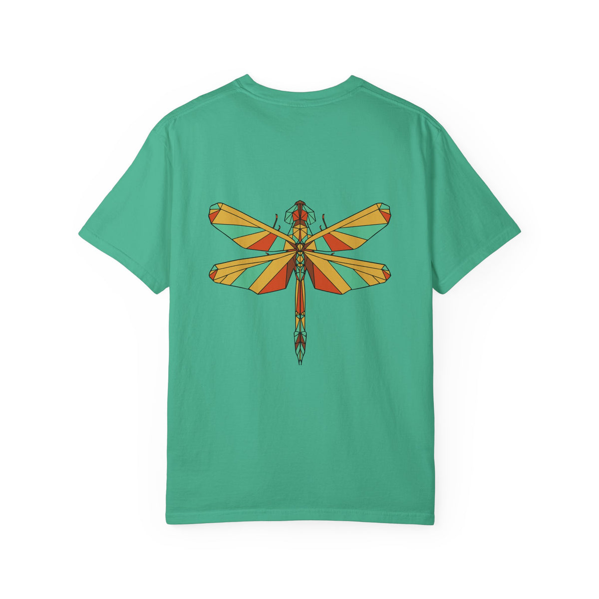 Island Green Geometric Dragonfly Comfort Colors 1717 t-shirt, supplier back view with the centered original-color geometric dragonfly artwork.
