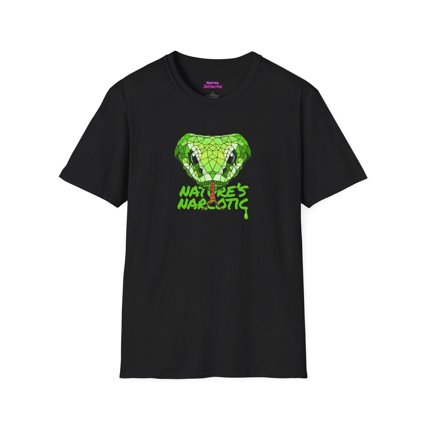 a green pit viper flicks it's tongue at you, in a vibrant palette of greens with a polygonal outline style, "nature's narcotic" titles the shirt in venom green