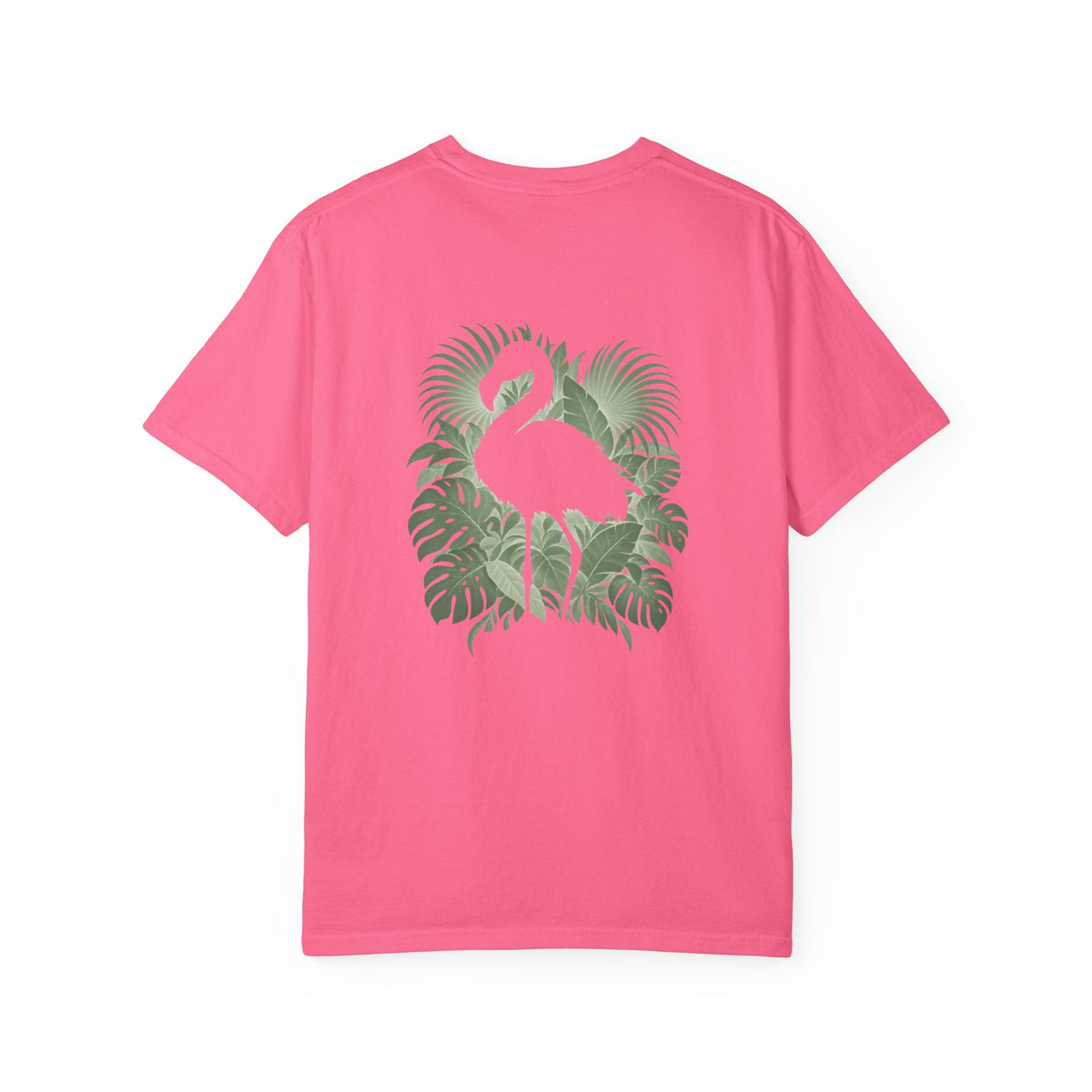 Back of a Crunchberry Hidden Flamingo T-shirt with a flamingo silhouette framed by tropical leaves.