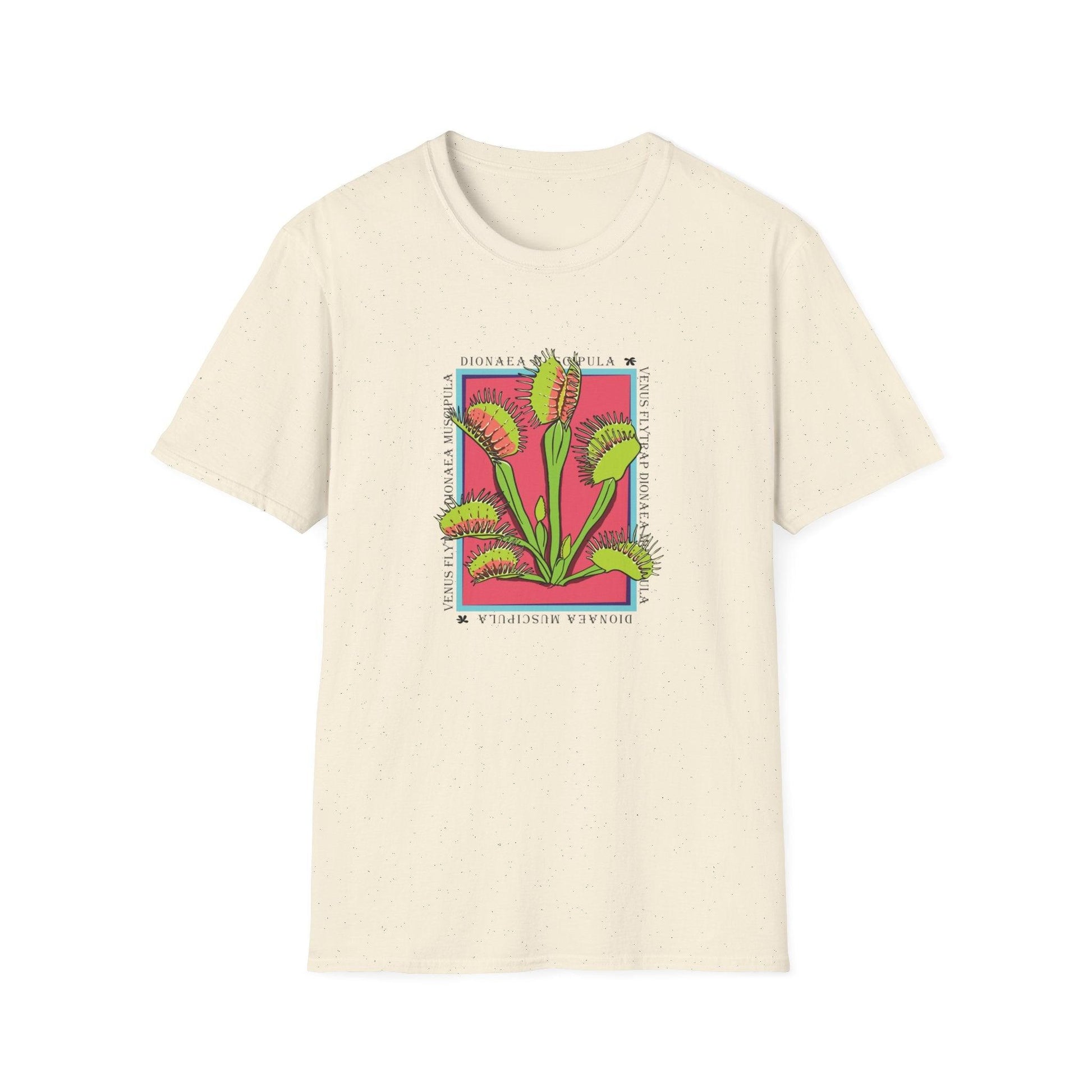 vibrant pink and green colors illustrate a venus flytrap plant bordered by a blue line with the name of the plant wrapping the border, on a cream beige crew t-shirt