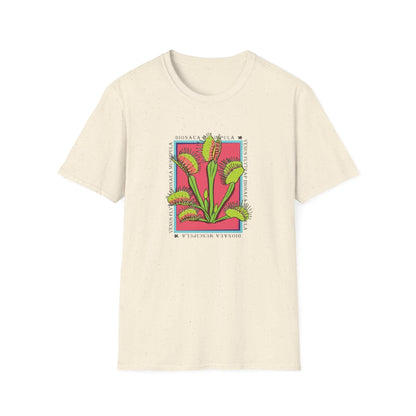 vibrant pink and green colors illustrate a venus flytrap plant bordered by a blue line with the name of the plant wrapping the border, on a cream beige crew t-shirt