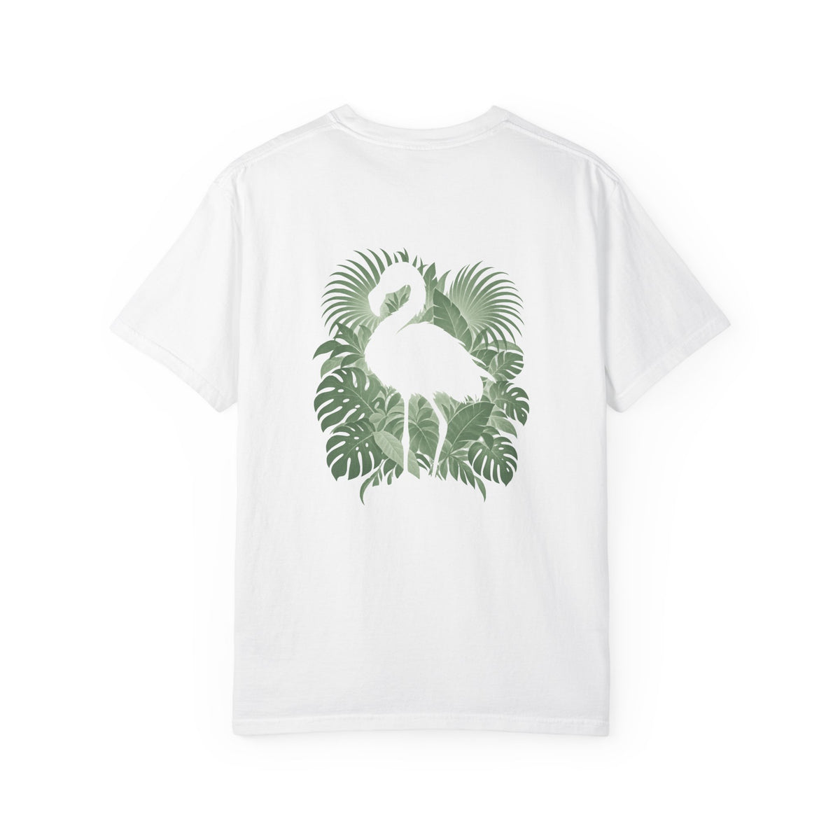 Back of a White Hidden Flamingo T-shirt with a flamingo silhouette framed by tropical leaves.