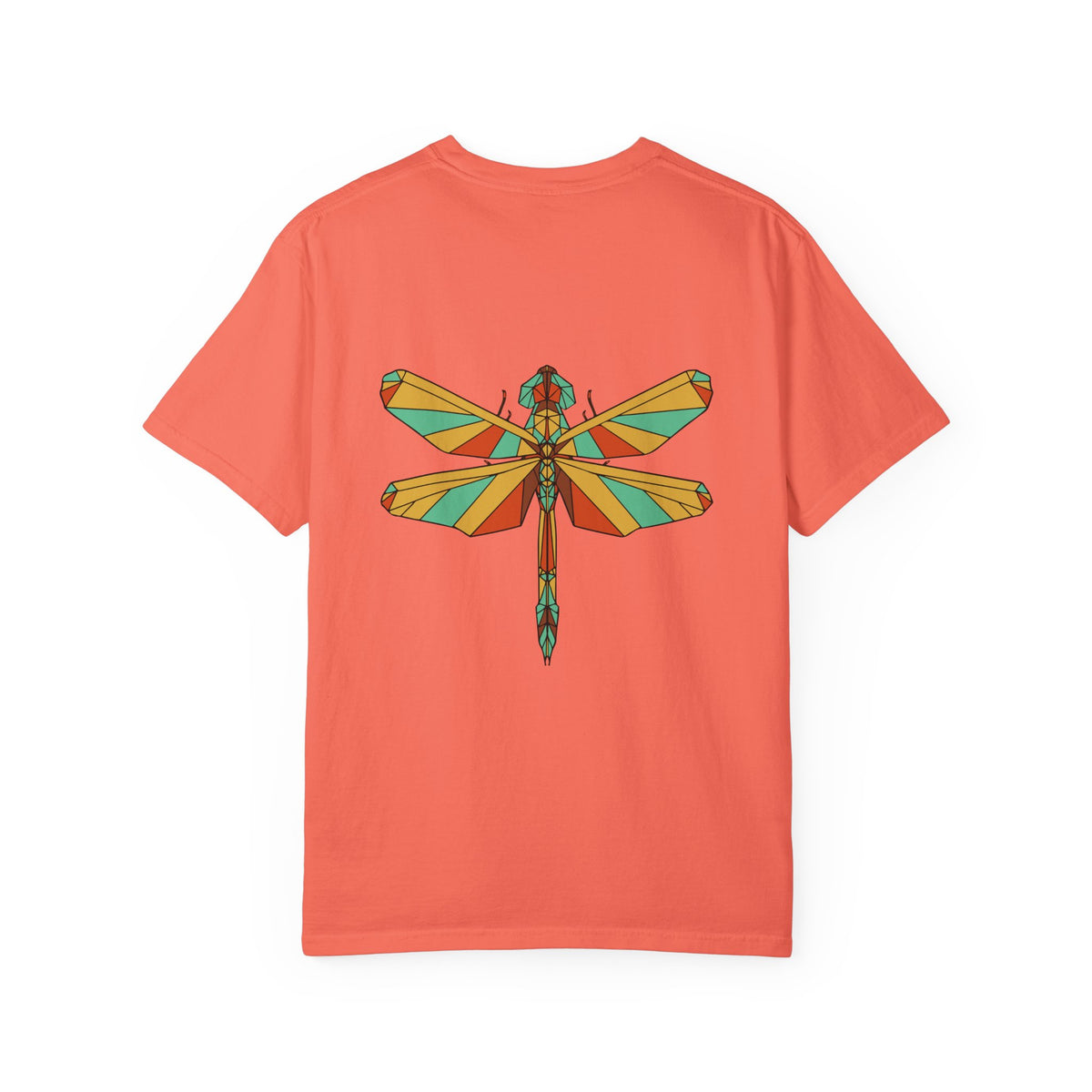 Bright Salmon Geometric Dragonfly Comfort Colors 1717 t-shirt, supplier back view with the centered original-color geometric dragonfly artwork.