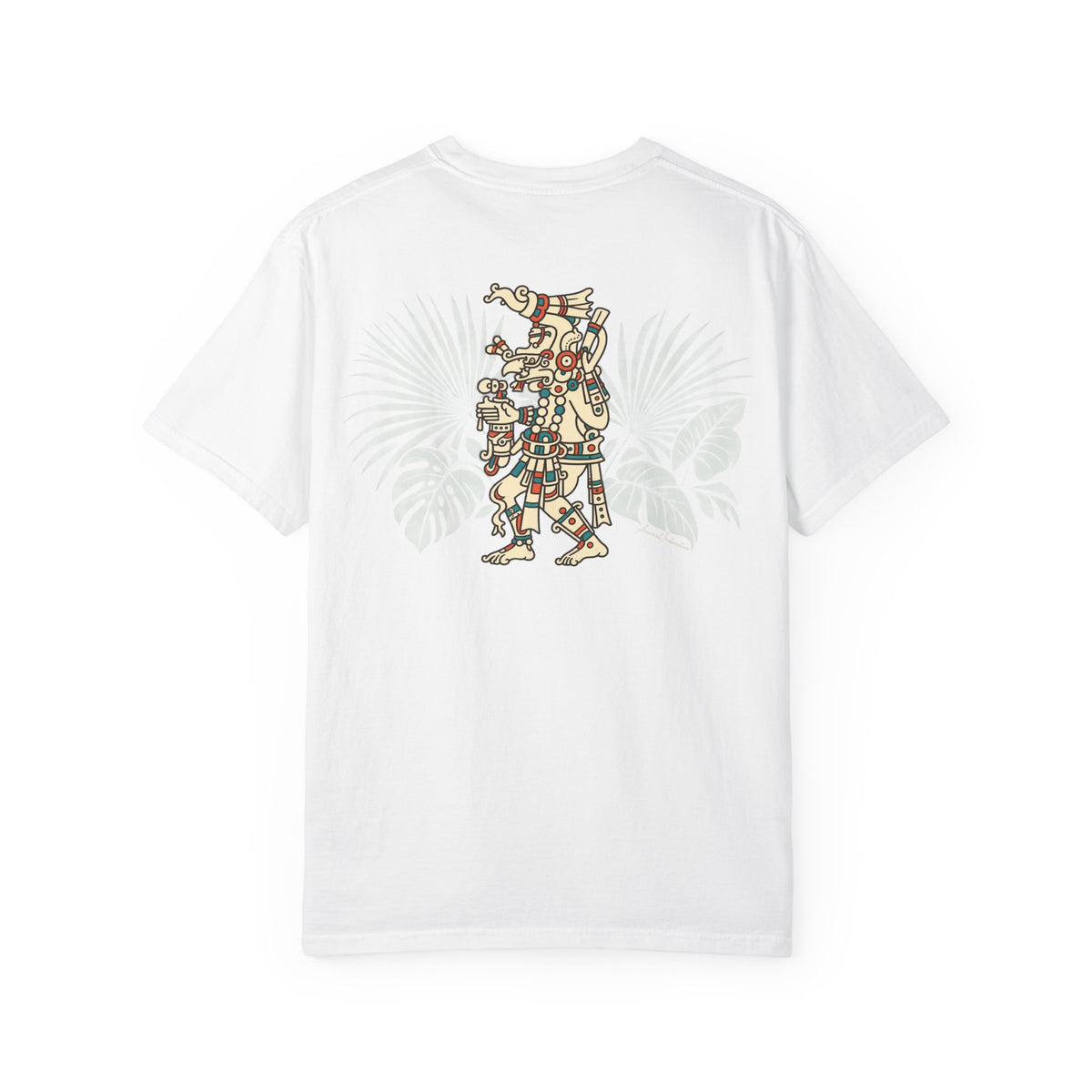 White Maya Rain God Comfort Colors 1717 t-shirt, supplier back view with cream, terracotta and turquoise character, sage tropical leaves and small cursive AnimalInstinctive signature.