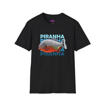 piranha fish with sharp teeth, and vibrant coloring sits on top of the three "piranha" titles in light to ocean dark blue