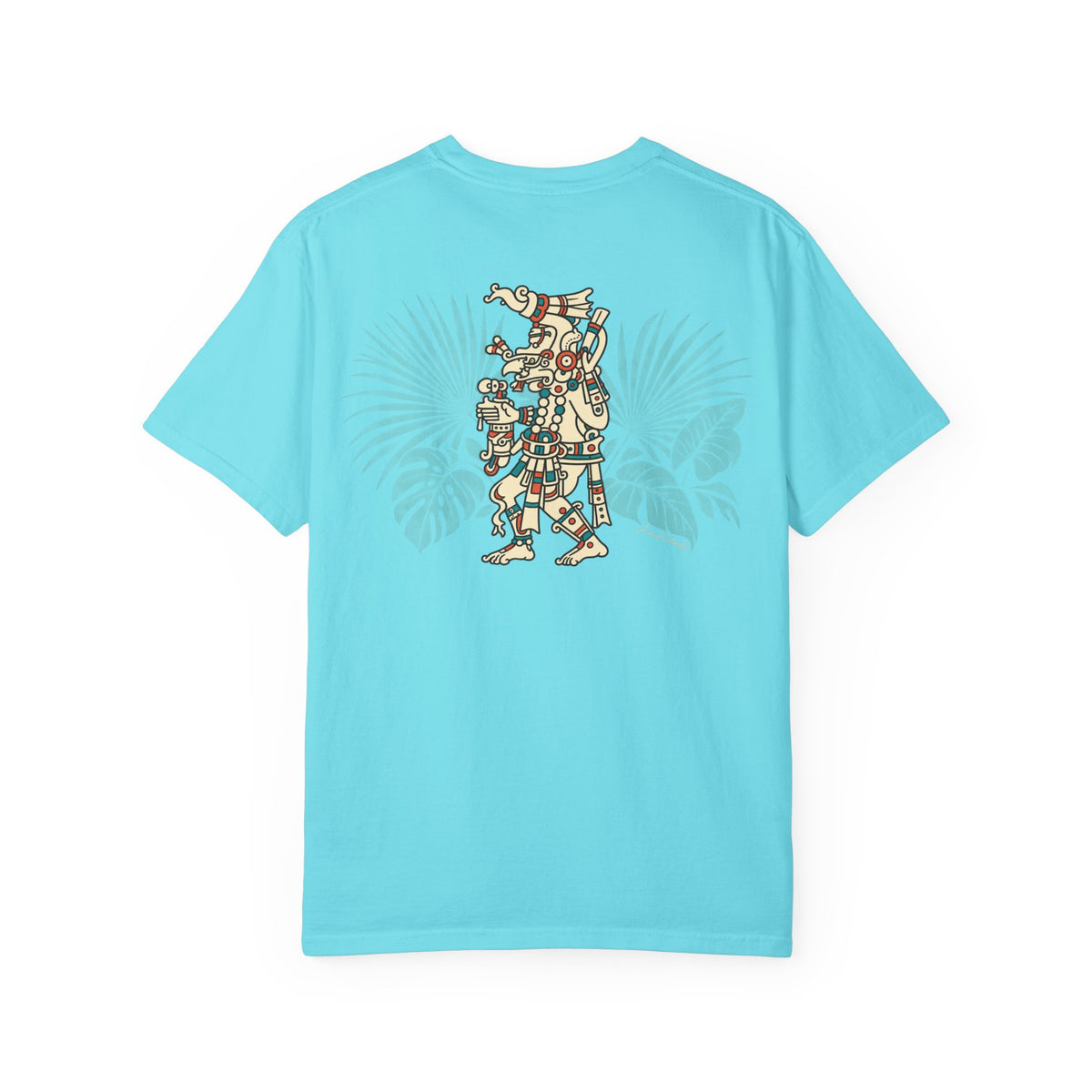 Lagoon Blue Maya Rain God Comfort Colors 1717 t-shirt, supplier back view with cream, terracotta and turquoise character, sage tropical leaves and small cursive AnimalInstinctive signature.