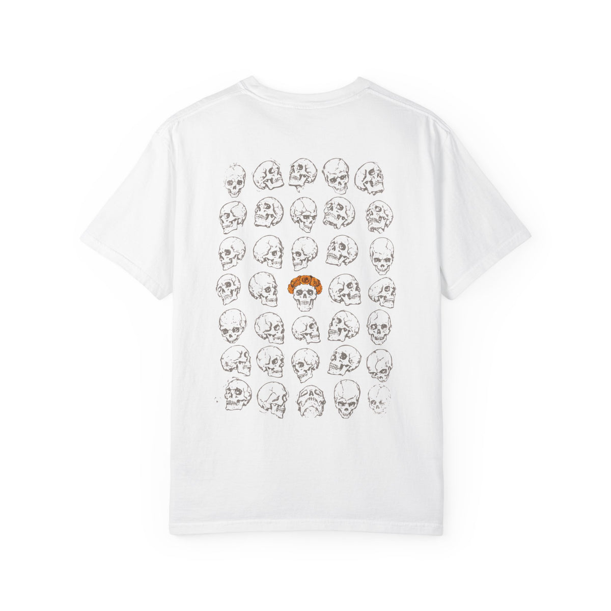 Back view of a white Comfort Colors 1717 T-shirt with a gray skull grid and an orange-gold marigold crown on the center skull.