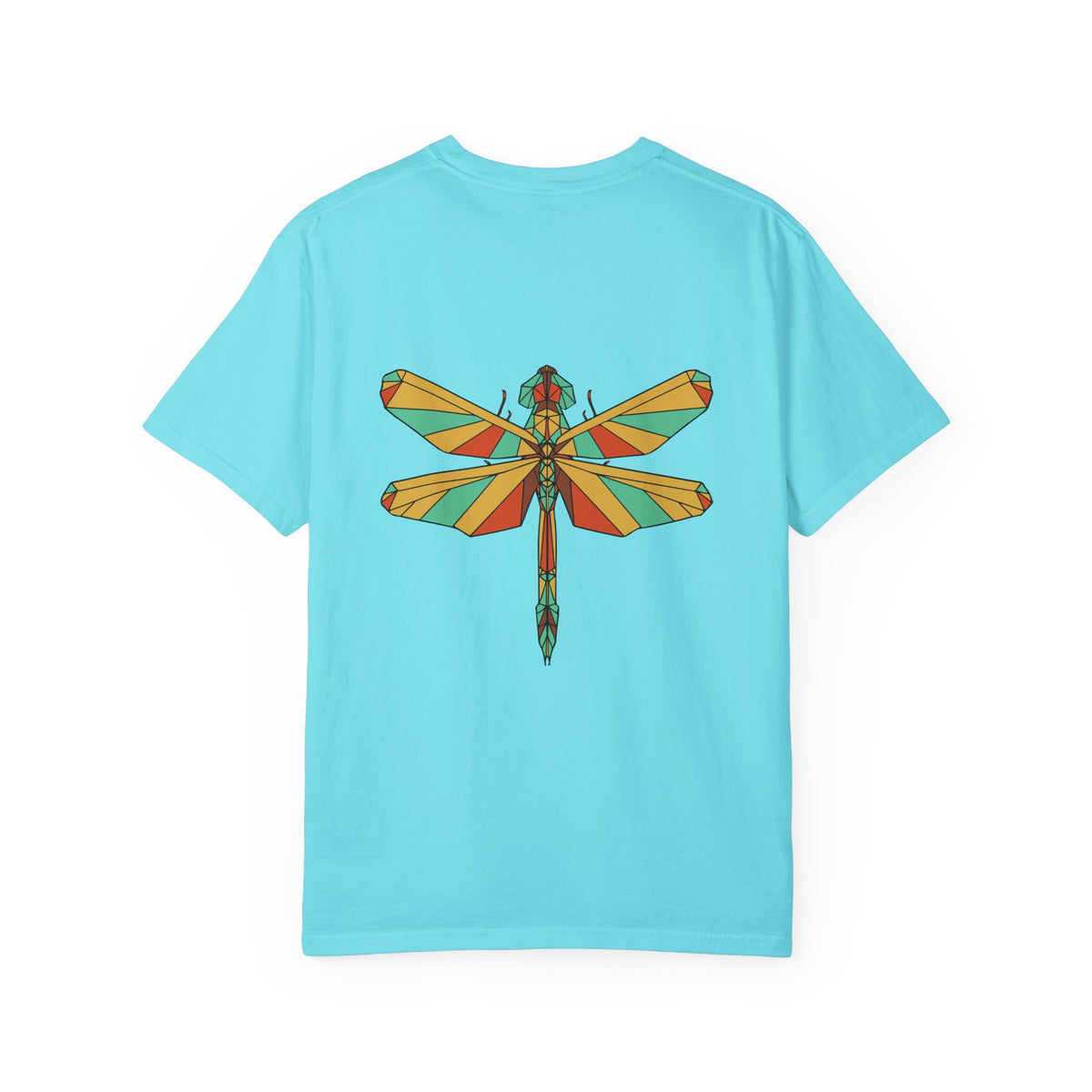 Lagoon Blue Geometric Dragonfly Comfort Colors 1717 t-shirt, supplier back view with the centered original-color geometric dragonfly artwork.