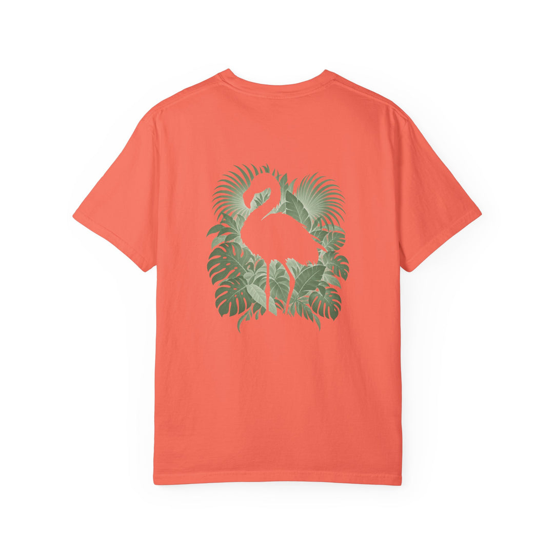 Back of a Bright Salmon Hidden Flamingo T-shirt with a flamingo silhouette framed by tropical leaves.