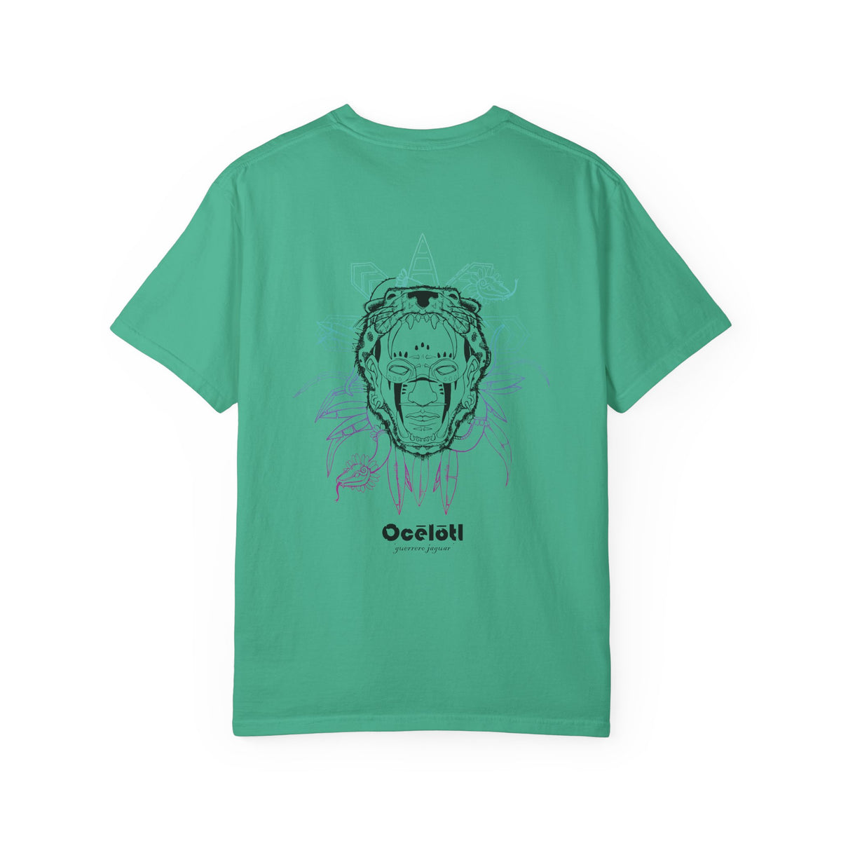 Back of an Island Green Ocelotl T-shirt showing the gradient jaguar-warrior graphic.