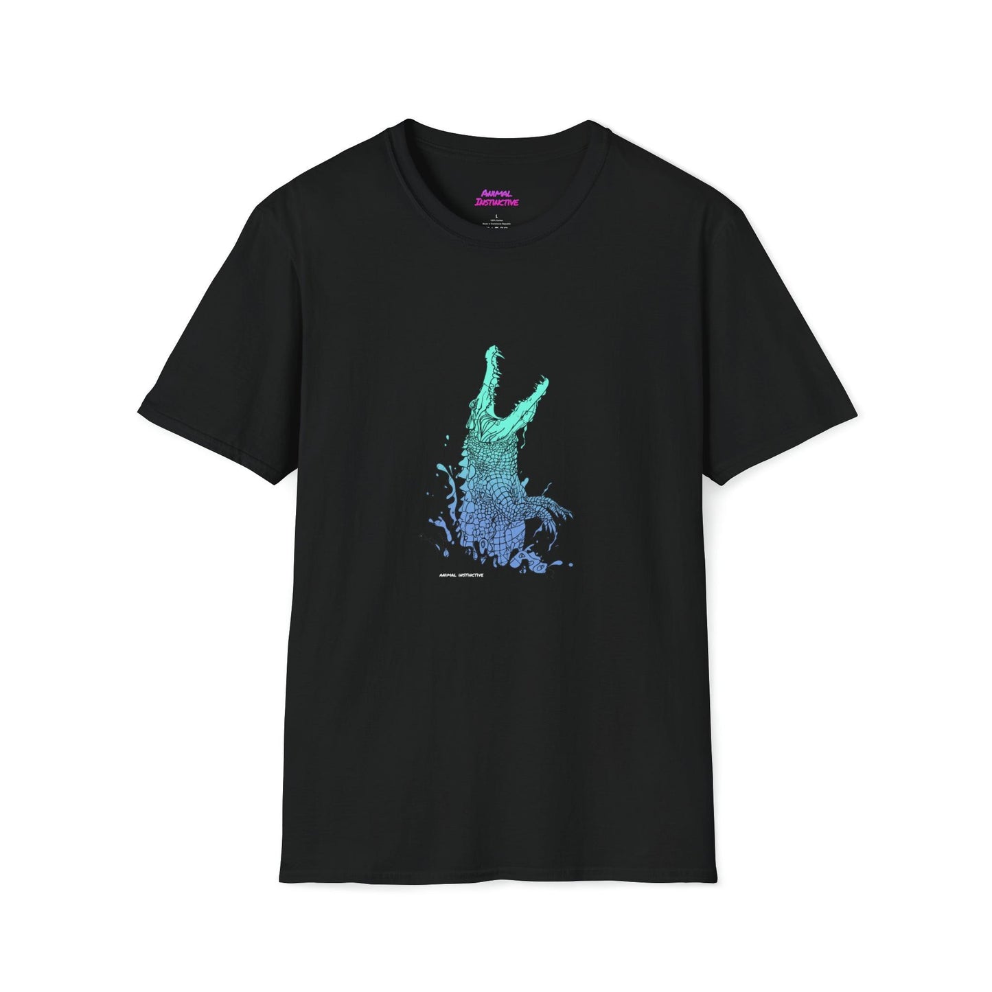 Croc Attack! A multicolor nebula green to blue gradient crocodile launches from the water in a splash, animal instinctive apparel at it's finest