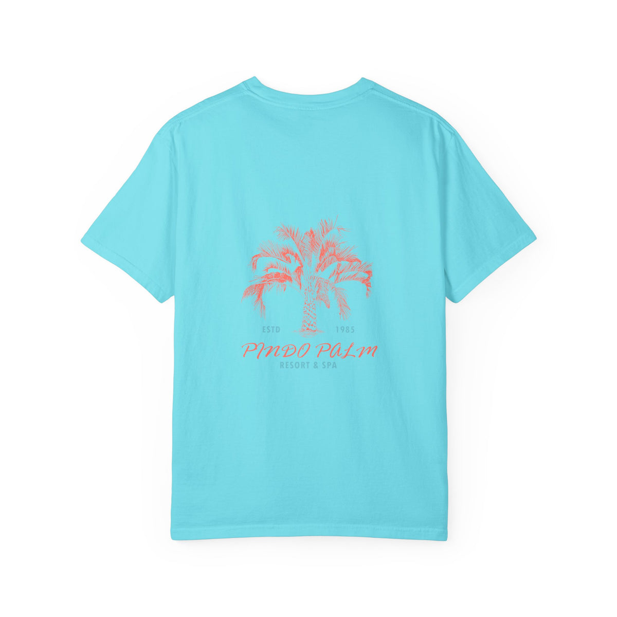 Lagoon Blue Pindo Palm Comfort Colors 1717 t-shirt, back view with the original coral palm and turquoise lettering.
