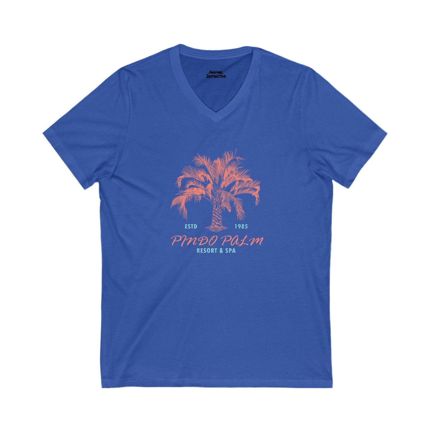 pindo palm resort & spa on a v-neck blue t-shirt