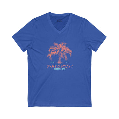 pindo palm resort & spa on a v-neck blue t-shirt