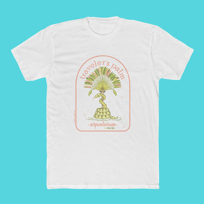 traveler's palm tshirt with large tropical snake crawling it's stem shirt design, graphic tee with retro style on premium material