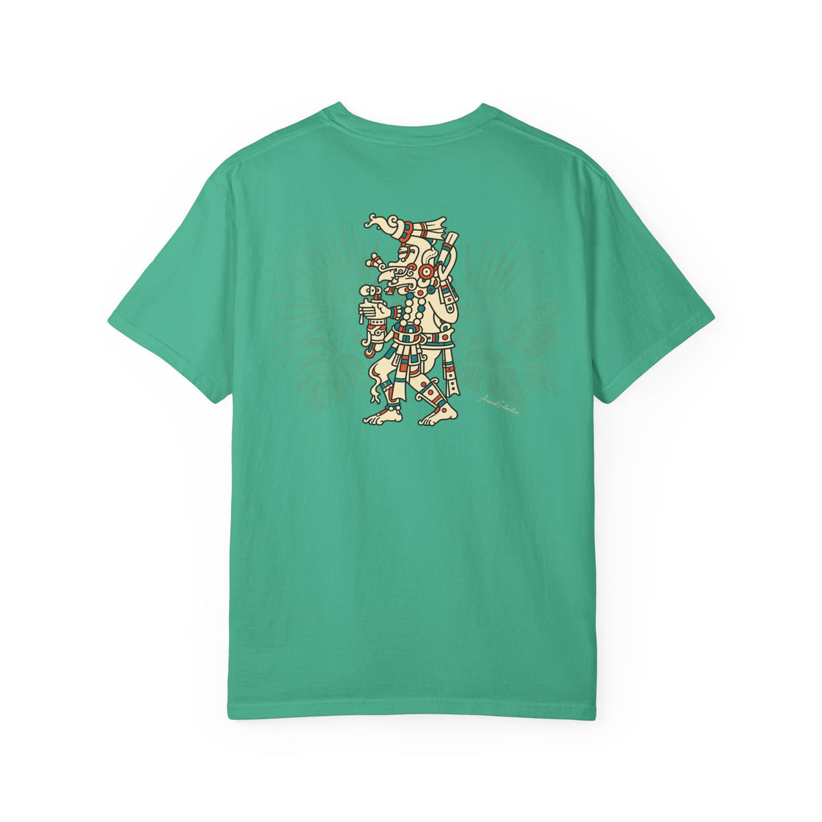 Island Green Maya Rain God Comfort Colors 1717 t-shirt, supplier back view with cream, terracotta and turquoise character, sage tropical leaves and small cursive AnimalInstinctive signature.