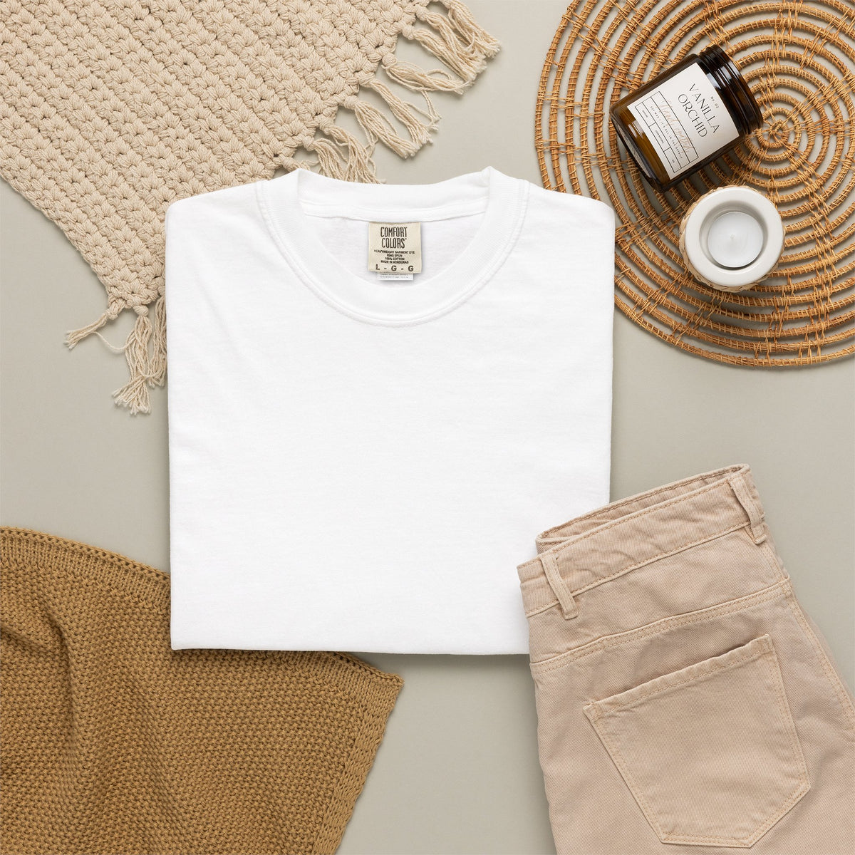 White Pindo Palm Comfort Colors 1717 t-shirt, folded supplier product view.