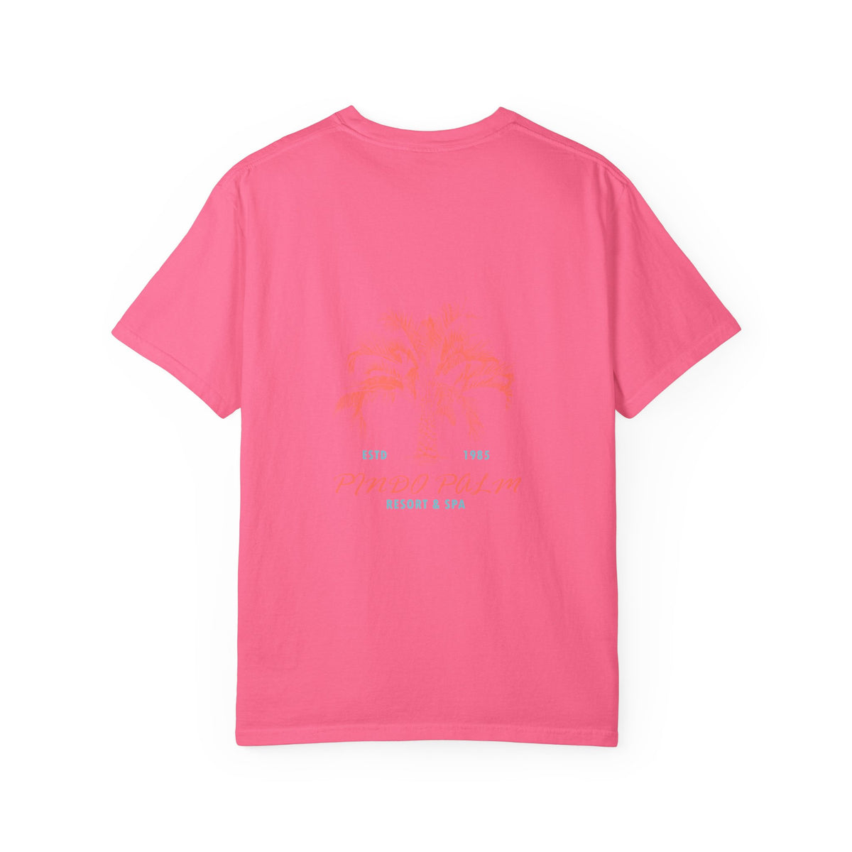 Crunchberry Pindo Palm Comfort Colors 1717 t-shirt, back view with the original coral palm and turquoise lettering.