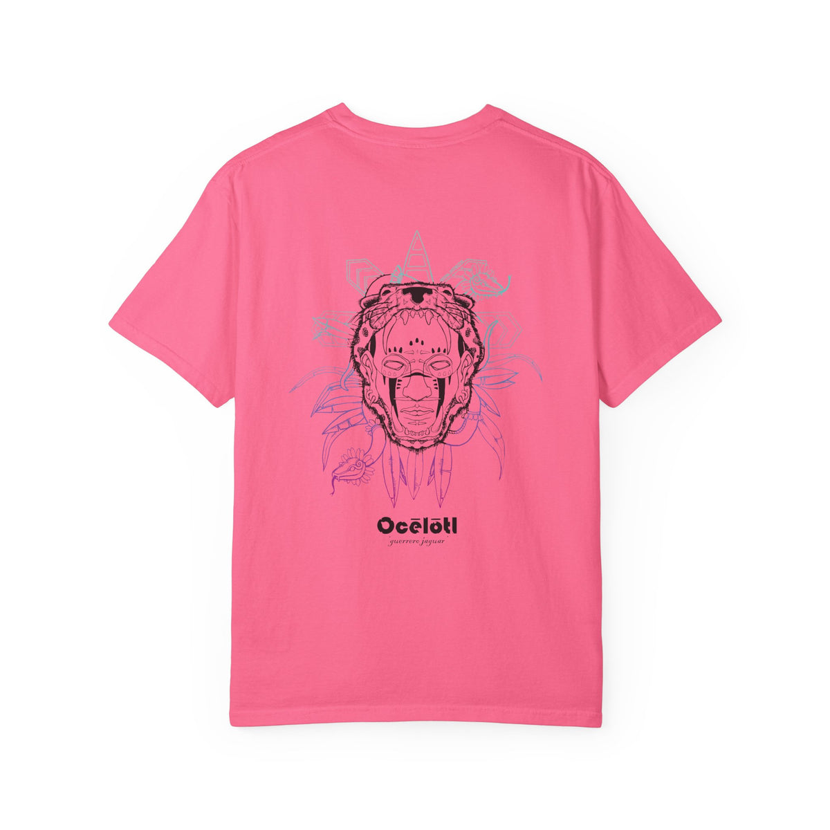 Back of a Crunchberry Ocelotl T-shirt showing the gradient jaguar-warrior graphic.