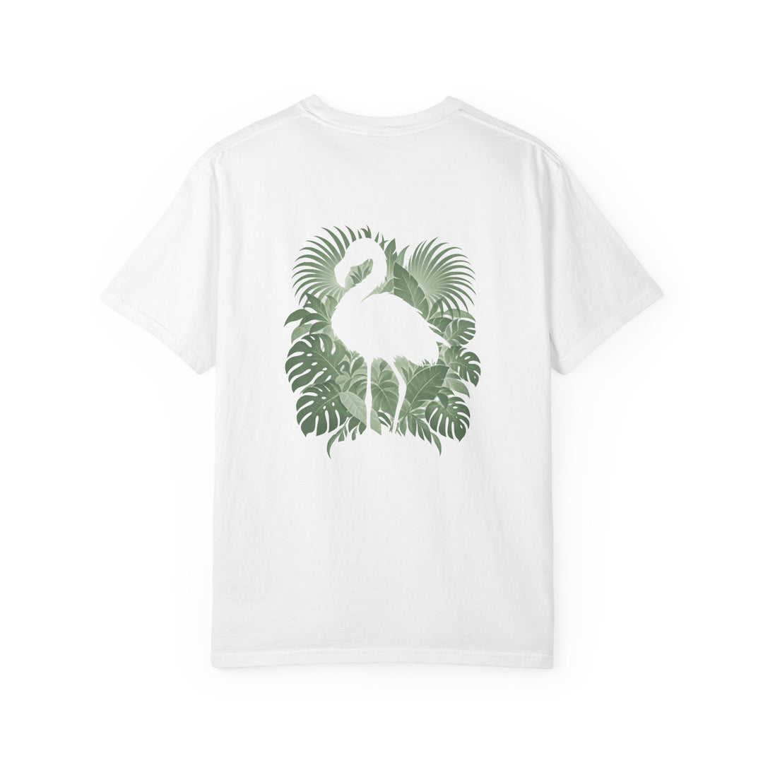 Back of a White Hidden Flamingo T-shirt with a flamingo silhouette framed by tropical leaves.