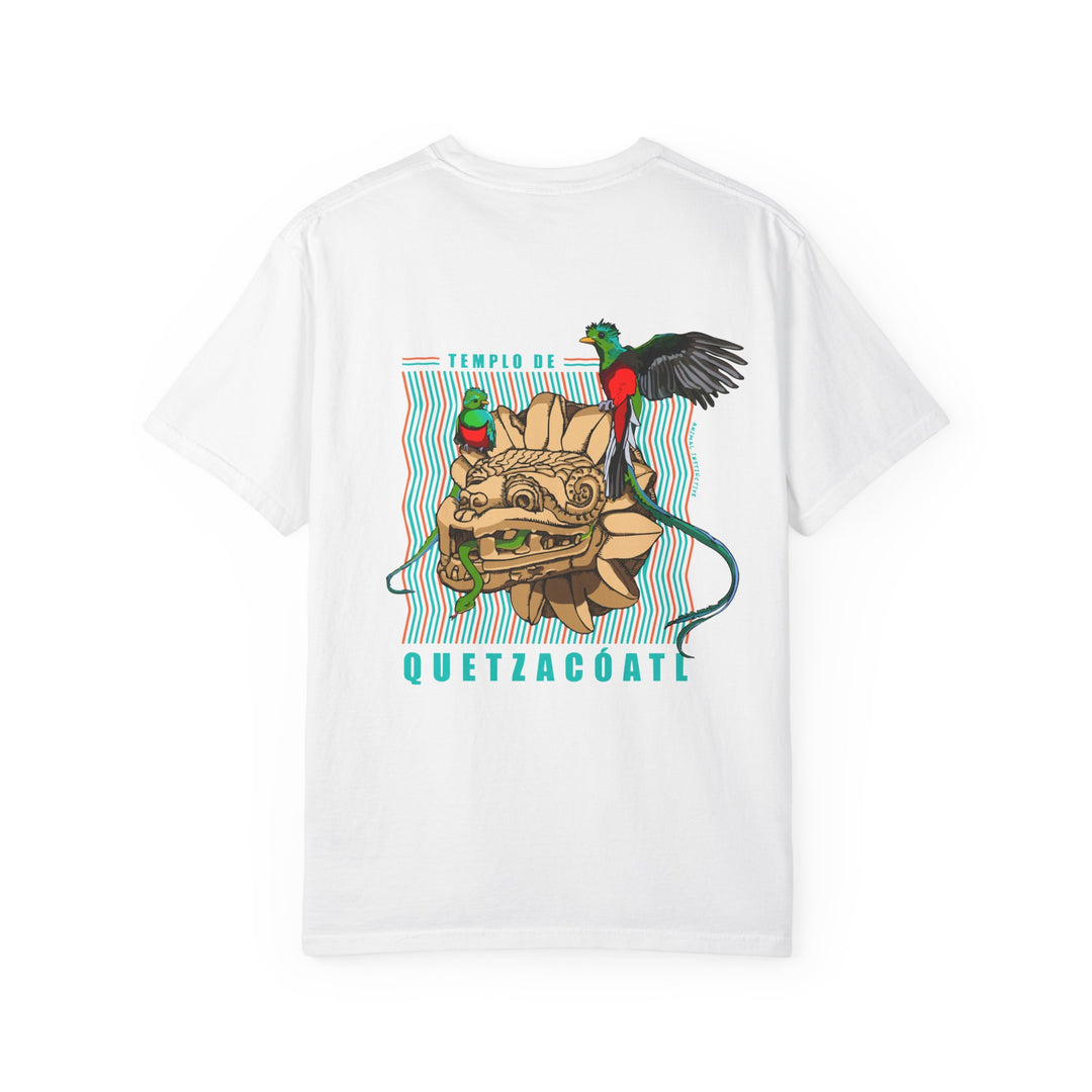 Back of a White Quetzalcoatl T-shirt with quetzal birds and a feathered-serpent head.