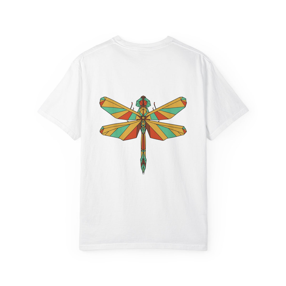 White Geometric Dragonfly Comfort Colors 1717 t-shirt, supplier back view with the centered original-color geometric dragonfly artwork.