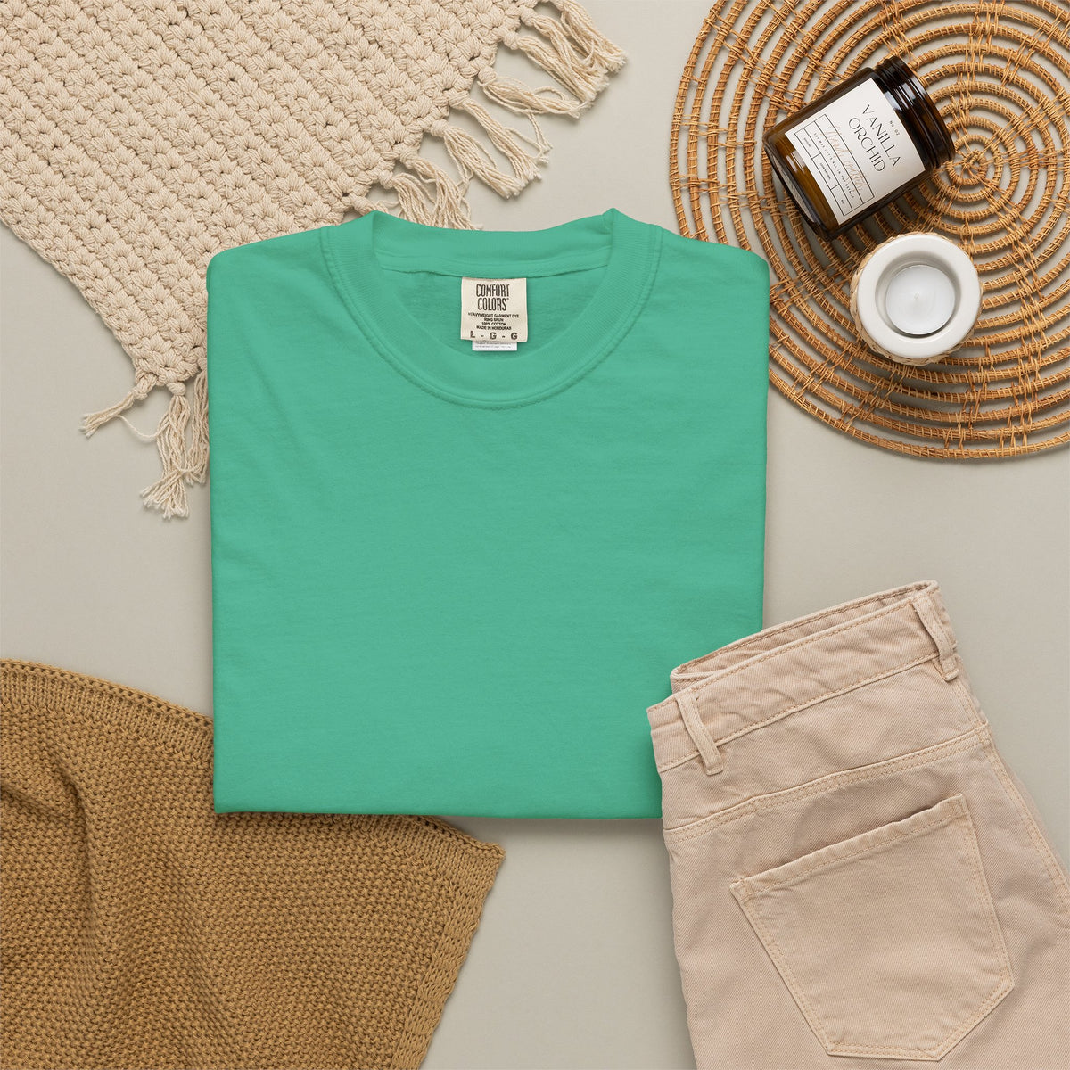 Island Green Pindo Palm Comfort Colors 1717 t-shirt, folded supplier product view.