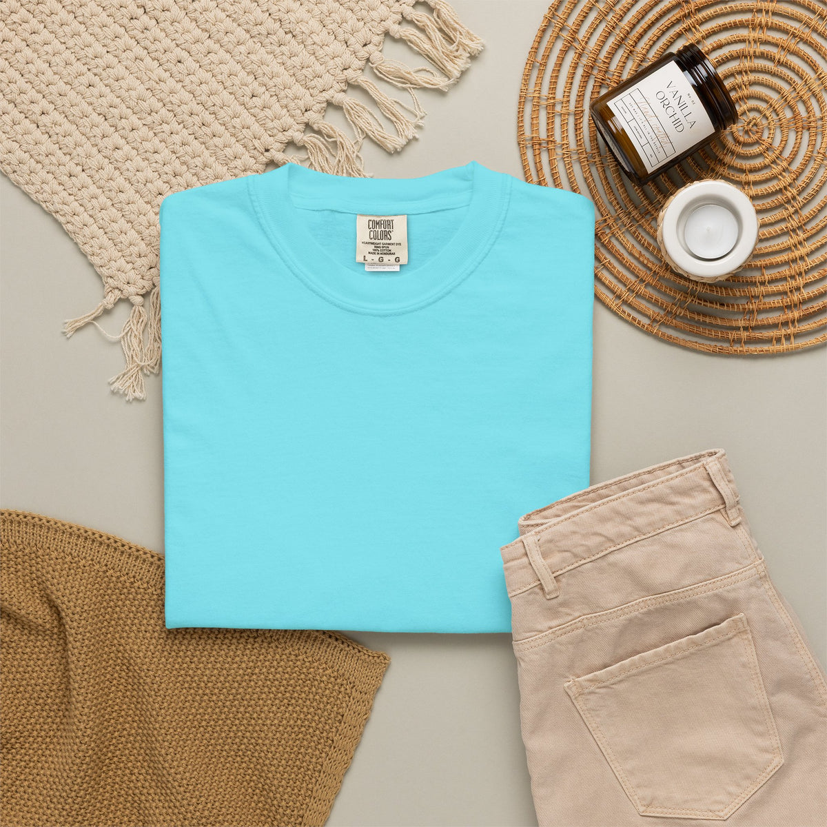 Lagoon Blue Pindo Palm Comfort Colors 1717 t-shirt, folded supplier product view.