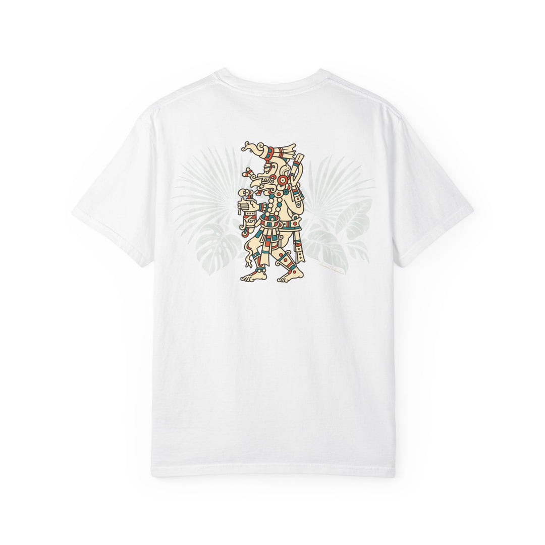 White Maya Rain God Comfort Colors 1717 t-shirt, supplier back view with cream, terracotta and turquoise character, sage tropical leaves and small cursive AnimalInstinctive signature.