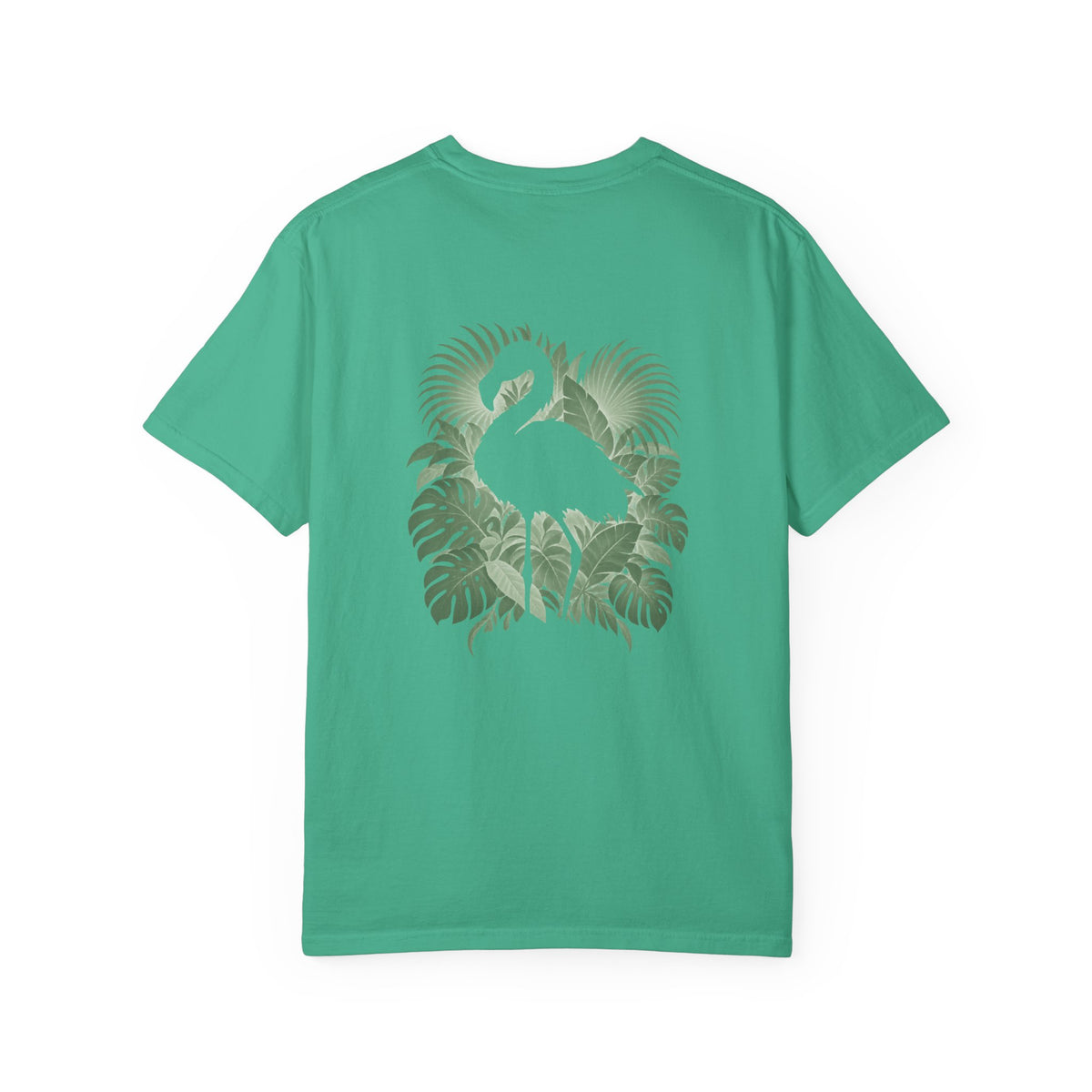 Back of an Island Green Hidden Flamingo T-shirt with a flamingo silhouette framed by tropical leaves.