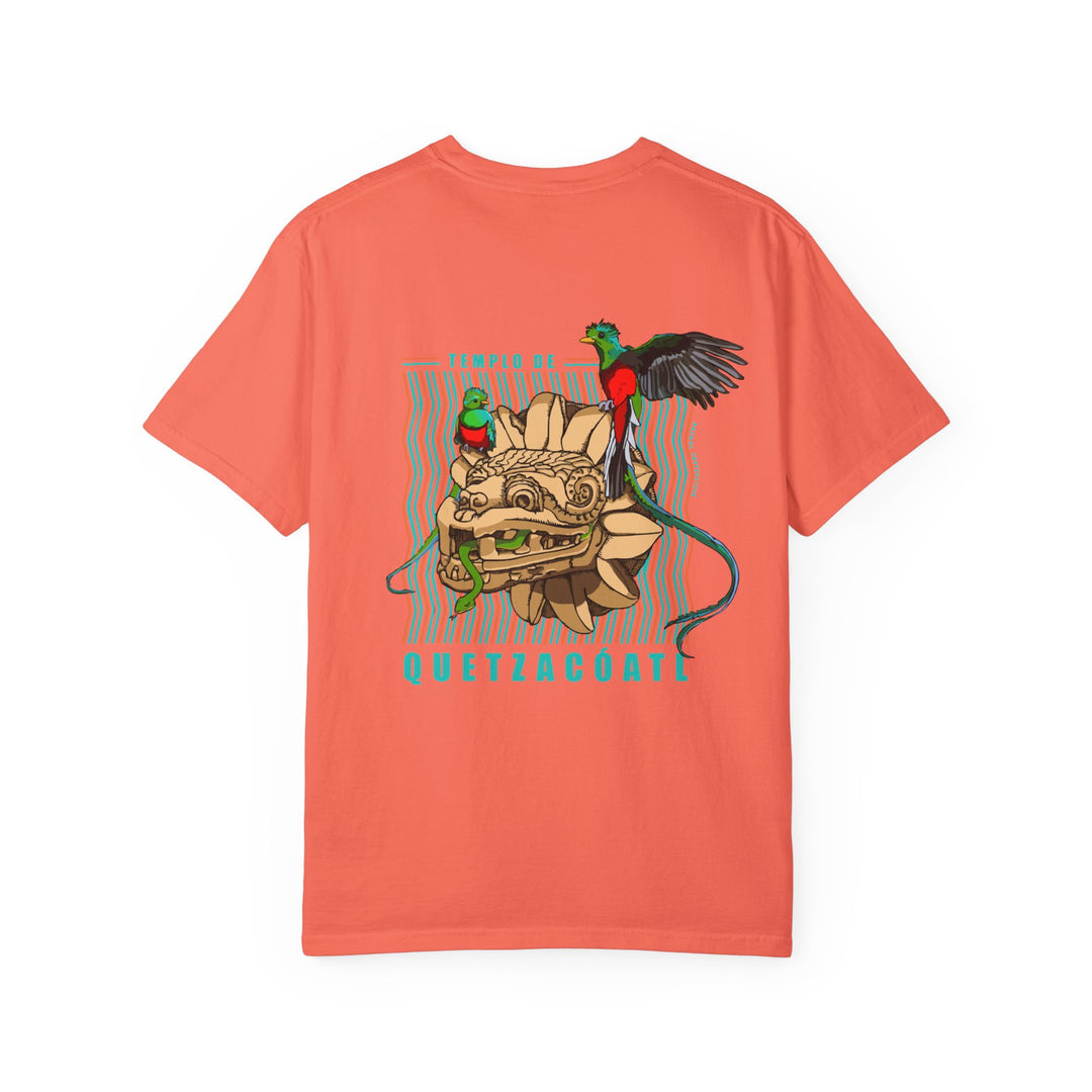 Back of a Bright Salmon Quetzalcoatl T-shirt with quetzal birds and a feathered-serpent head.
