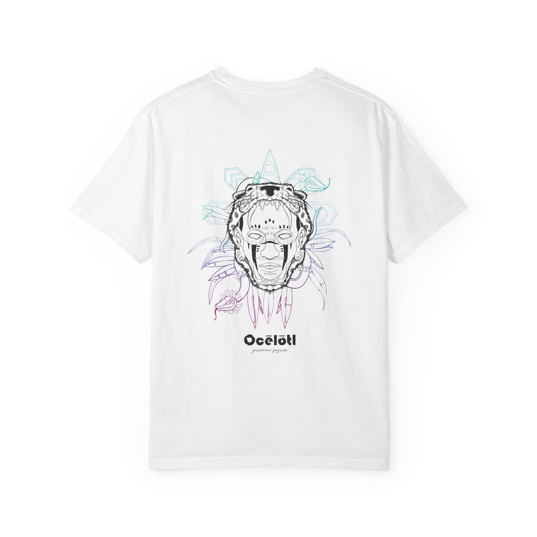 Back of a White Ocelotl T-shirt with the gradient jaguar-warrior graphic and Ocelotl lettering.