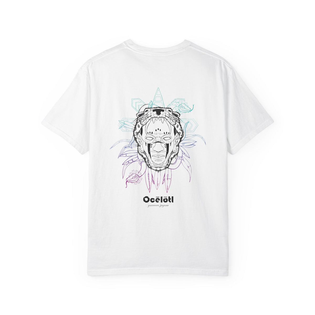 Back of a White Ocelotl T-shirt with the gradient jaguar-warrior graphic and Ocelotl lettering.