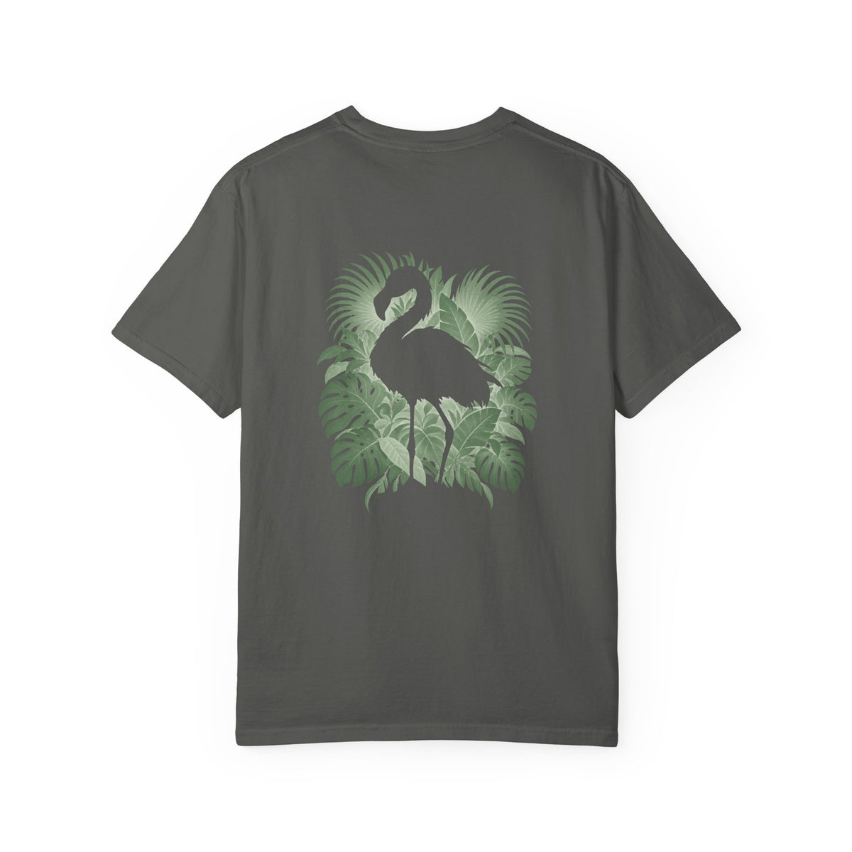 Back of a Pepper Hidden Flamingo T-shirt with a flamingo silhouette framed by tropical leaves.