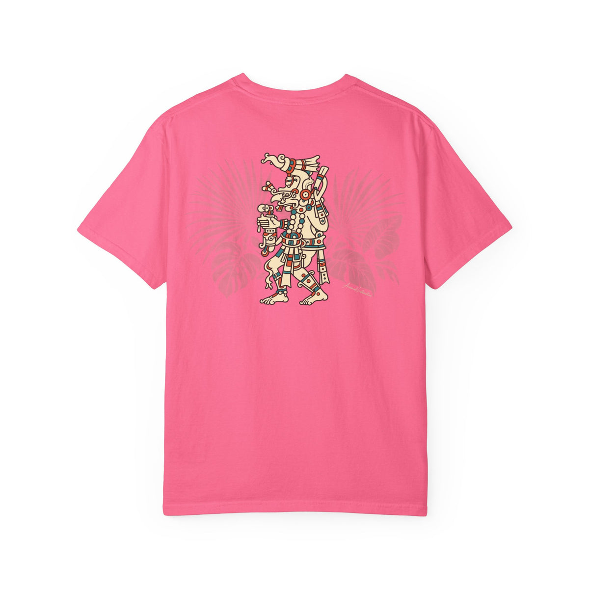 Crunchberry Maya Rain God Comfort Colors 1717 t-shirt, supplier back view with cream, terracotta and turquoise character, sage tropical leaves and small cursive AnimalInstinctive signature.