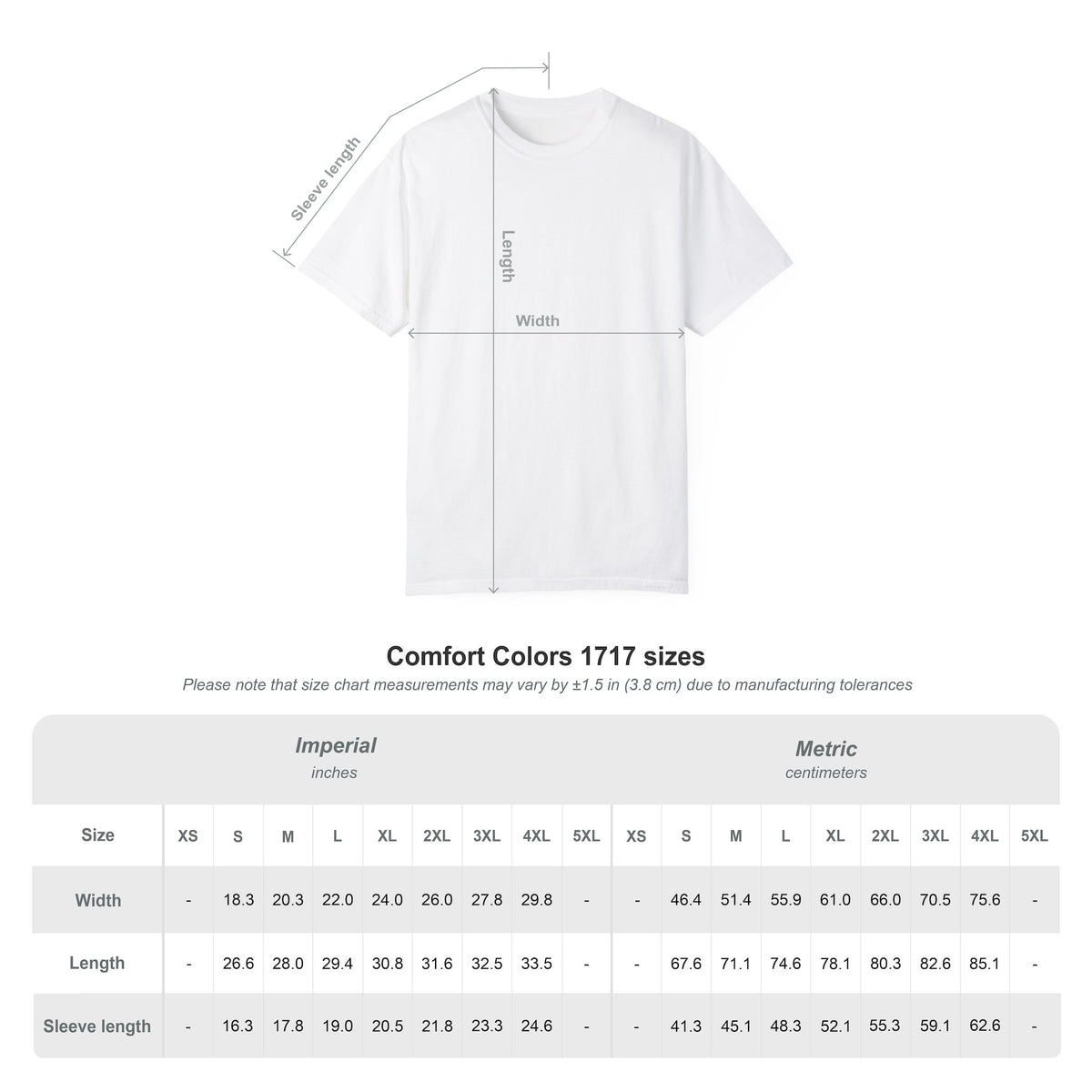 Comfort Colors 1717 size chart with garment width, length and sleeve measurements in inches and centimeters.