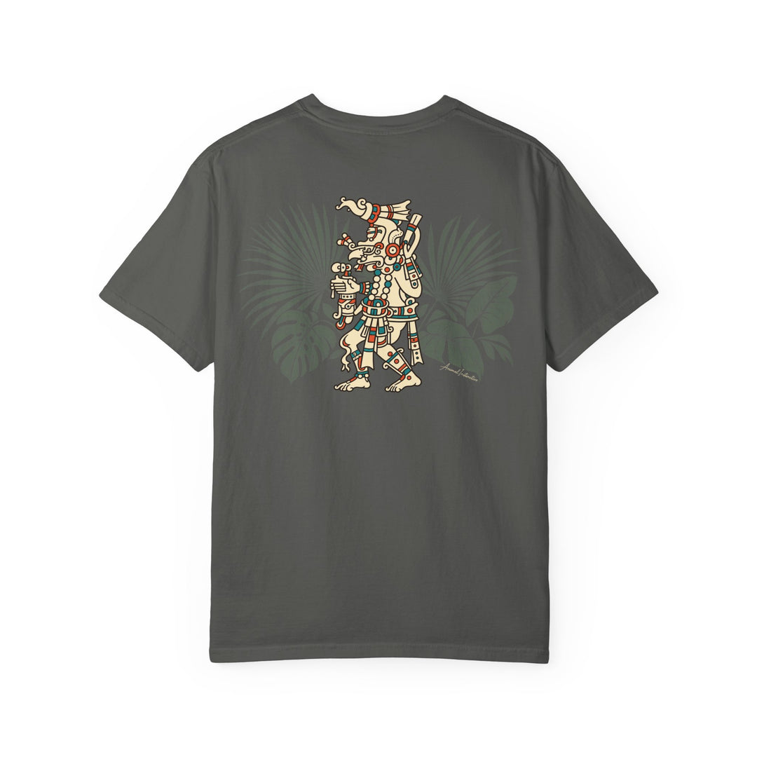 Pepper Maya Rain God Comfort Colors 1717 t-shirt, supplier back view with cream, terracotta and turquoise character, sage tropical leaves and small cursive AnimalInstinctive signature.