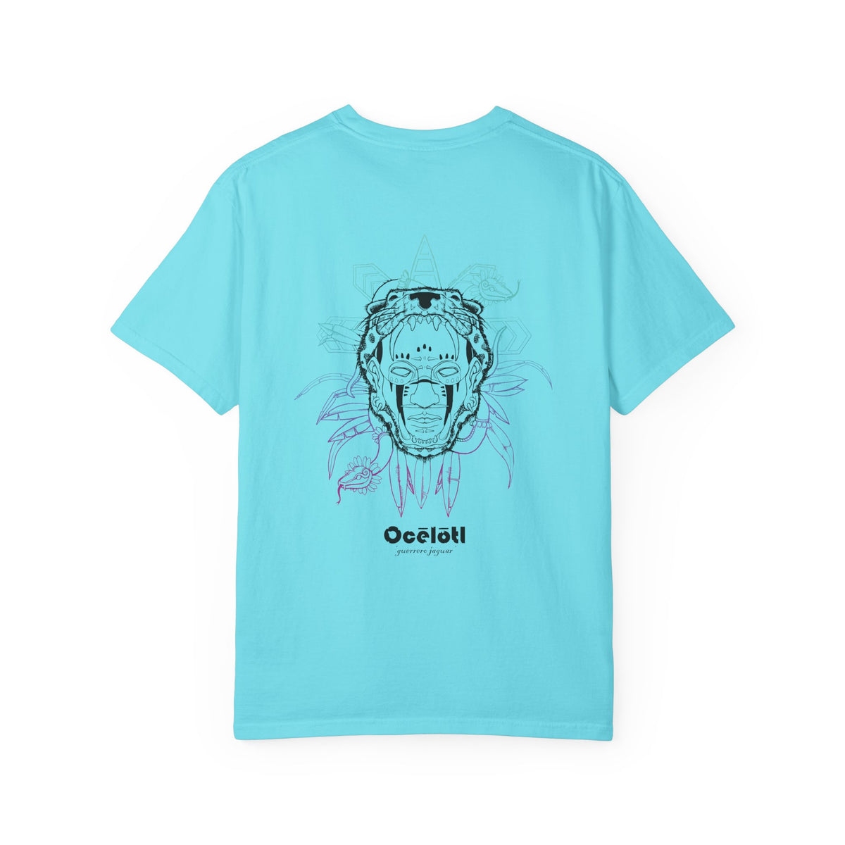 Back of a Lagoon Blue Ocelotl T-shirt showing the gradient jaguar-warrior graphic.