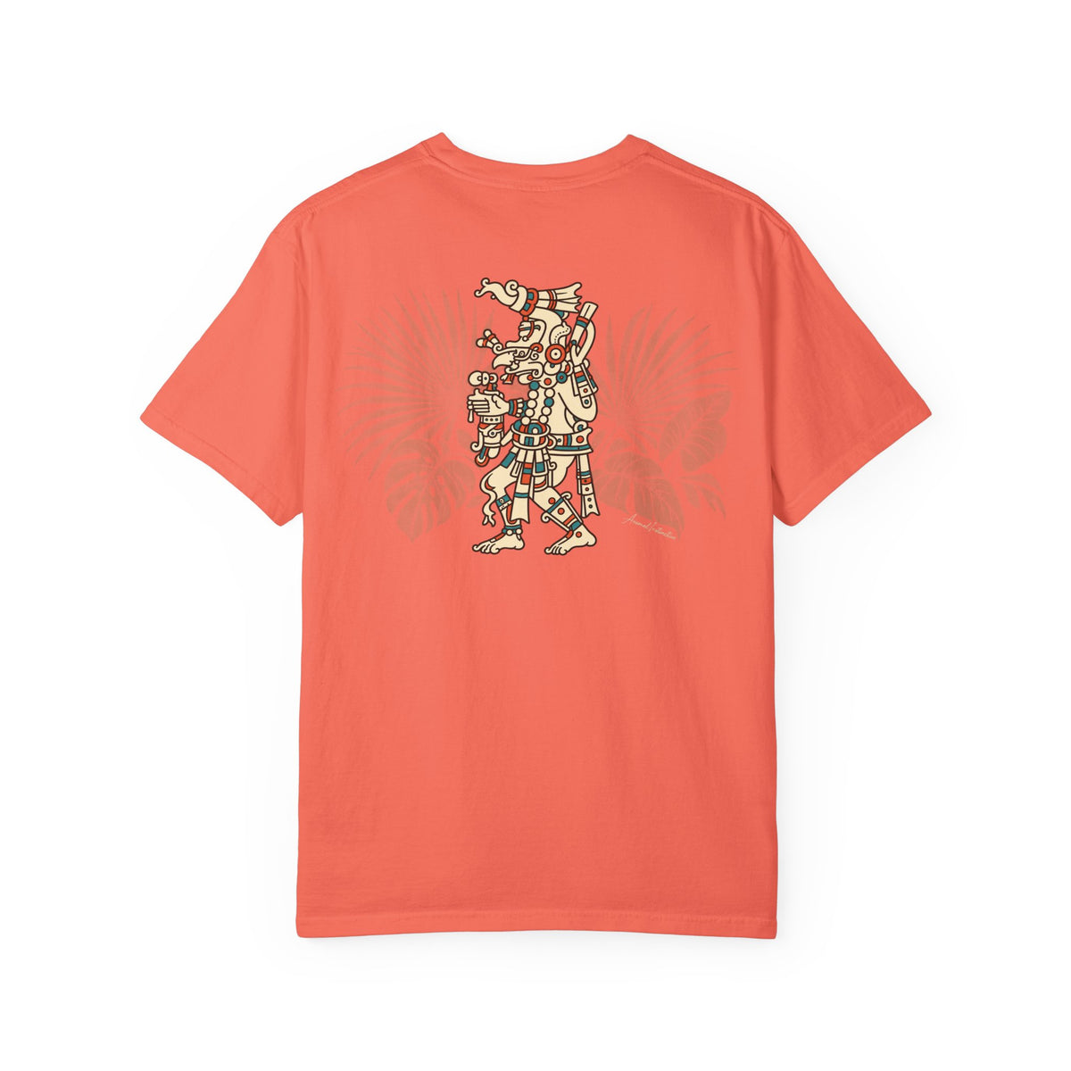 Bright Salmon Maya Rain God Comfort Colors 1717 t-shirt, supplier back view with cream, terracotta and turquoise character, sage tropical leaves and small cursive AnimalInstinctive signature.