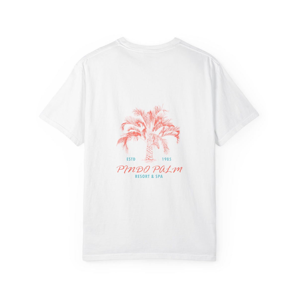 White Pindo Palm Comfort Colors 1717 t-shirt, back view with the original coral palm and turquoise lettering.