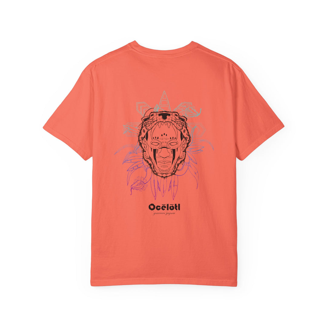 Back of a Bright Salmon Ocelotl T-shirt showing the gradient jaguar-warrior graphic.