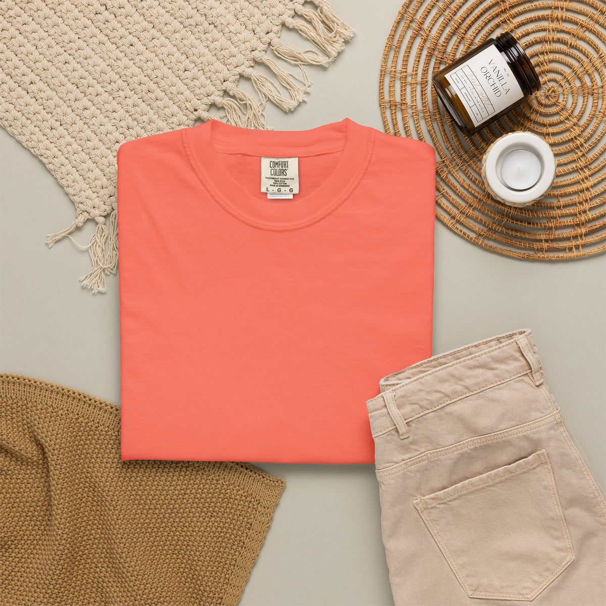Bright Salmon Pindo Palm Comfort Colors 1717 t-shirt, folded supplier product view.