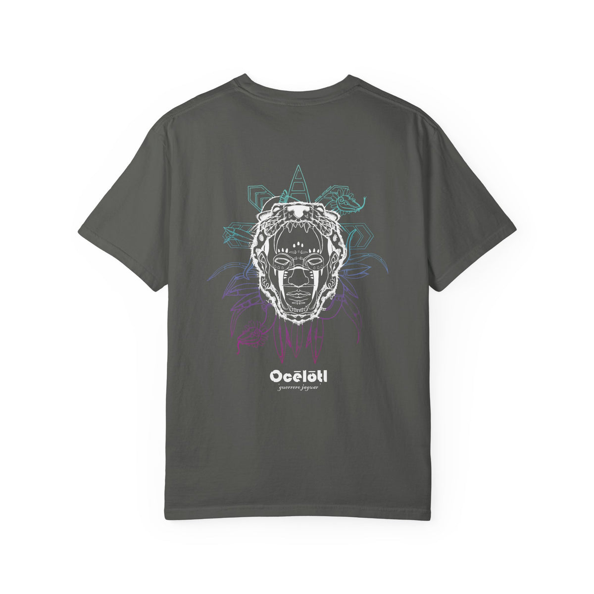 Back of a Pepper Ocelotl T-shirt showing the gradient jaguar-warrior graphic.