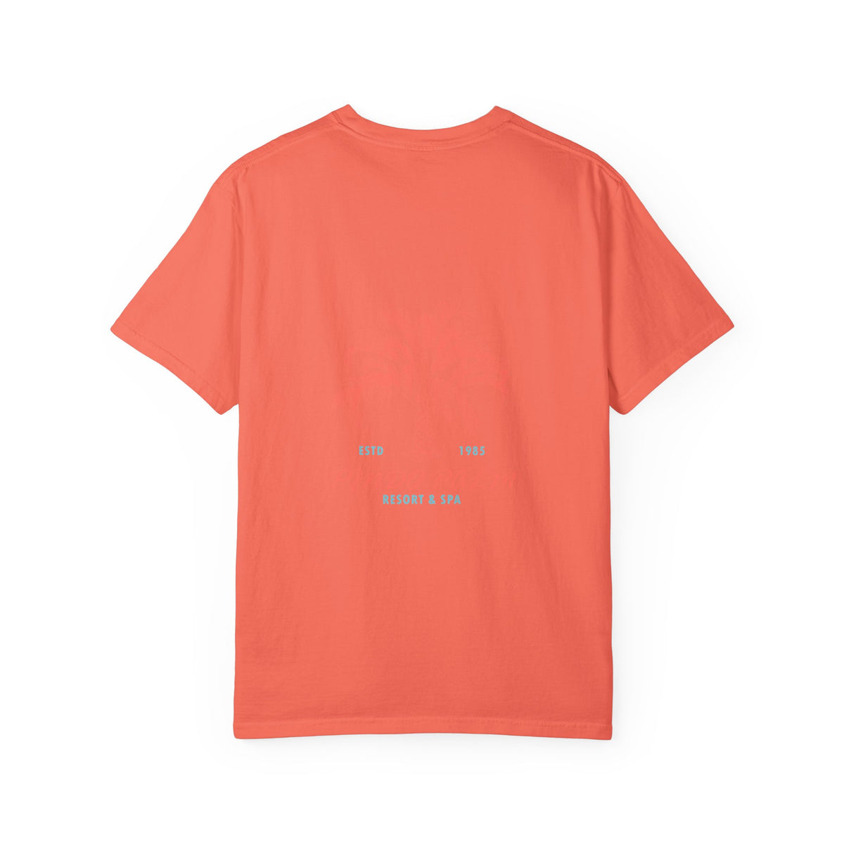 Bright Salmon Pindo Palm Comfort Colors 1717 t-shirt, back view with the original coral palm and turquoise lettering.