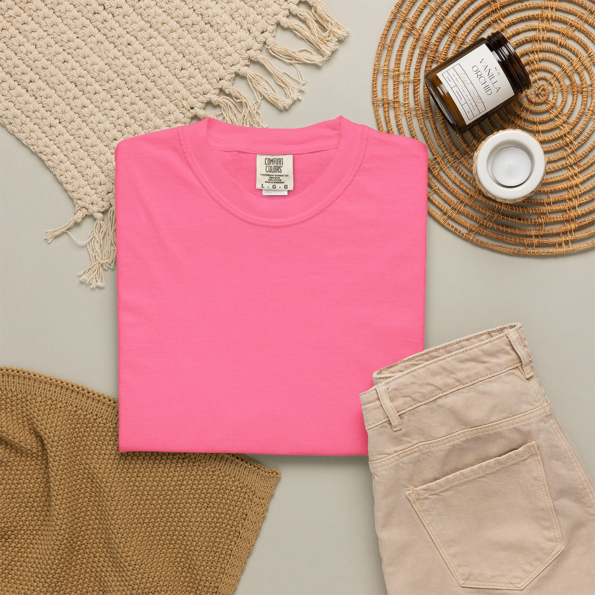 Crunchberry Pindo Palm Comfort Colors 1717 t-shirt, folded supplier product view.