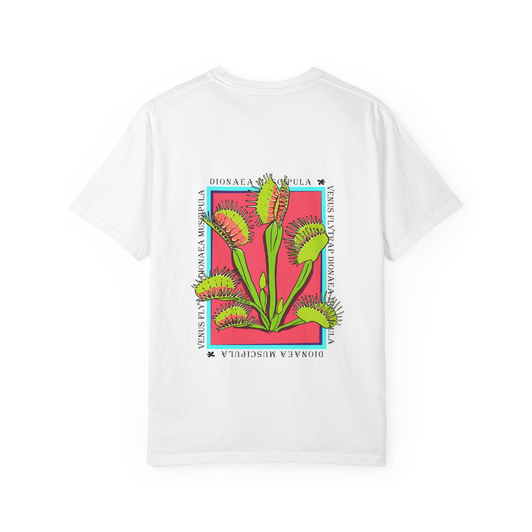 White Venus Flytrap t-shirt, supplier back view on a white background showing the original graphic.