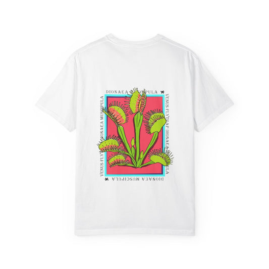 White Venus Flytrap t-shirt, supplier back view on a white background showing the original graphic.