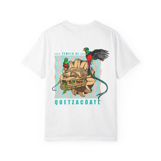 White Quetzalcoatl t-shirt, supplier back view on a white background showing the original graphic.